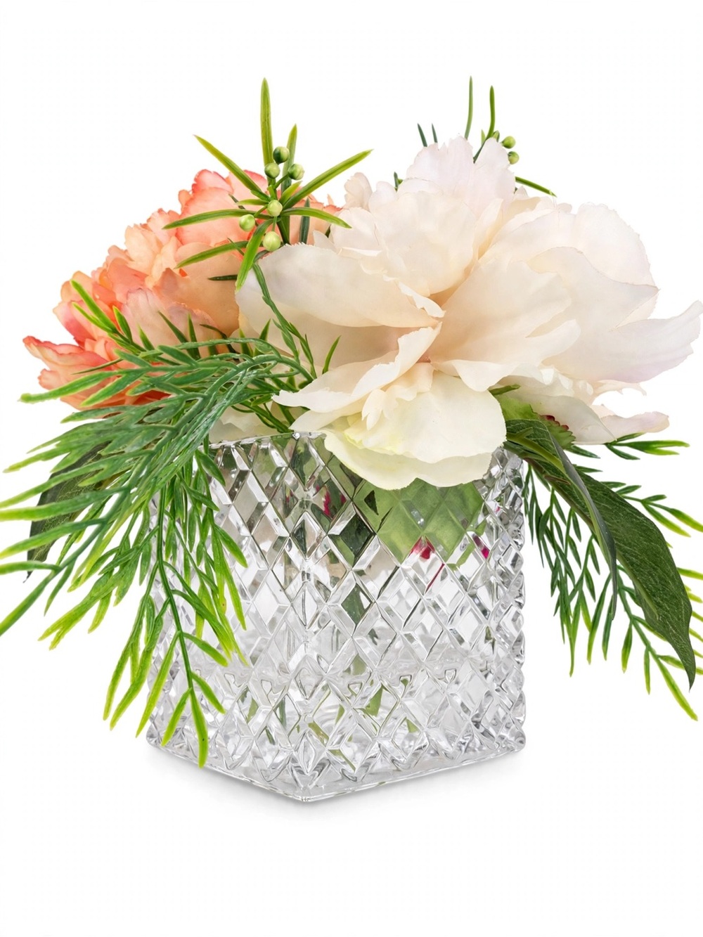 Crystal Diamond Cut Square Vase Faux Peony Bouquet Arrangement Peach Cream White